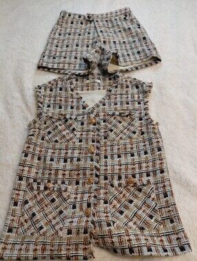 XUNYI Women's Tweed Vest & Shorts Set Plaid Fringe Co-Ord Size M Reduced